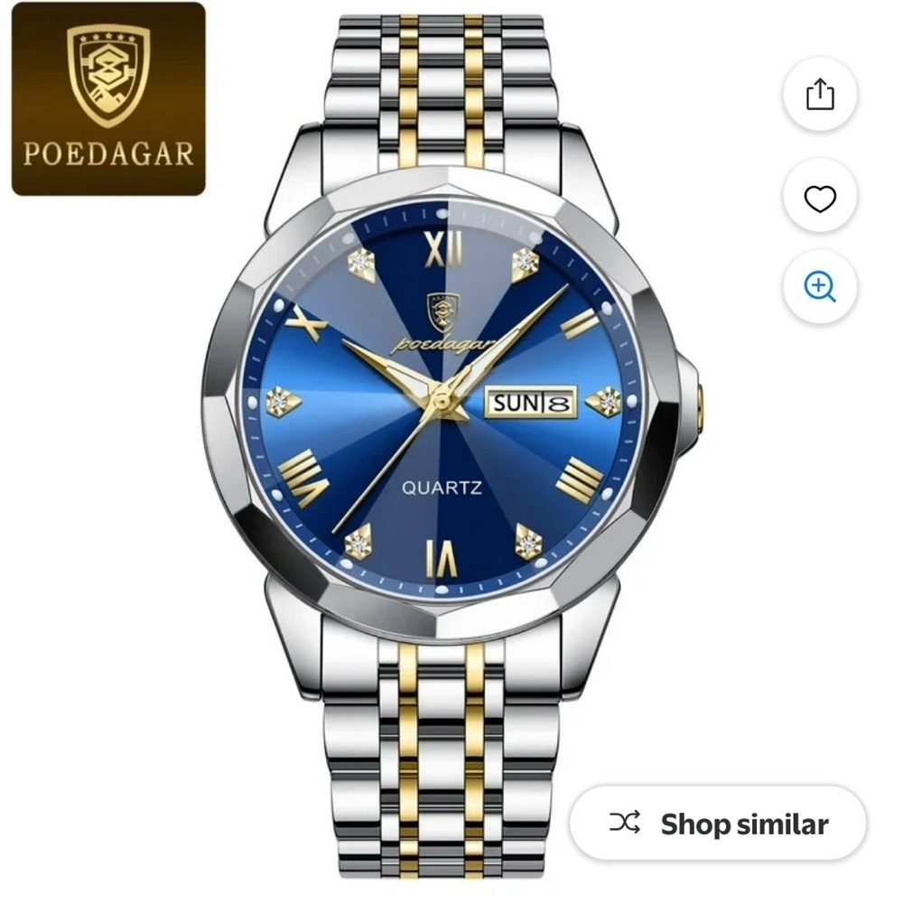 POEDAGAR Men's Watch Date Week Waterproof Luminous Quartz Stainless Steel Blue